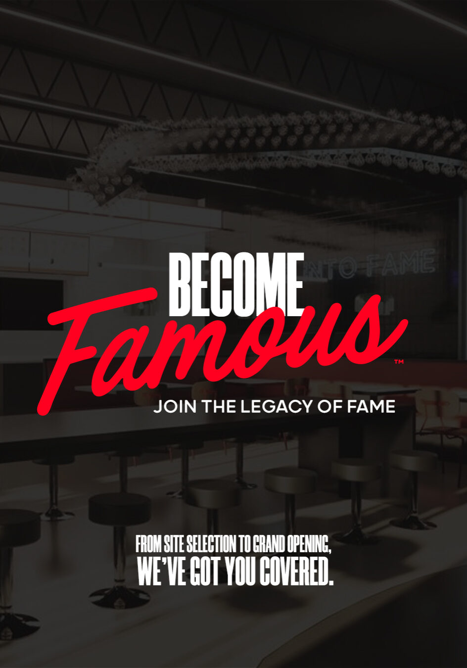 Become Famous text graphic highlighting Famous Hamburger franchising support from site selection to grand opening